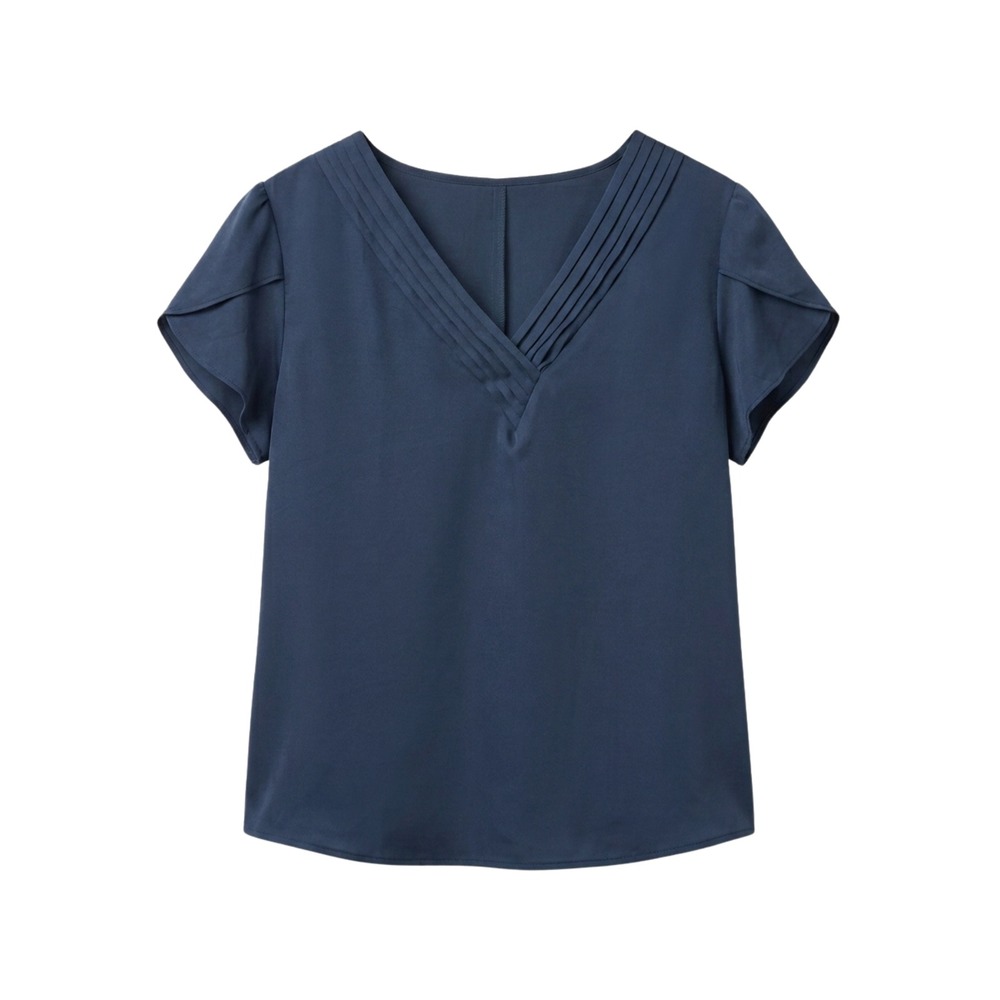 Fayenne Pleated V-Neck Blouse Women XL Navy Blue Tulip Sleeve Dress Top
